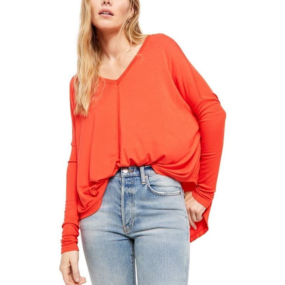 Free People Moonshine Tunic Top XS Love Glare Red Boho Flowy V Neck Oversized